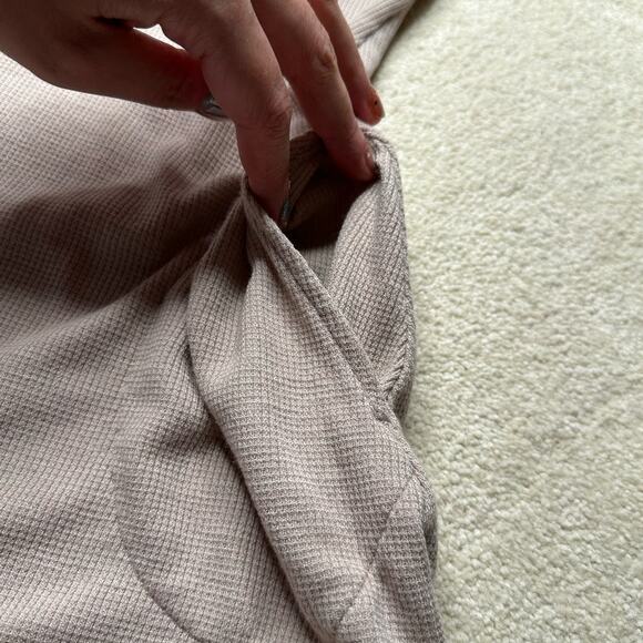 LOGO: Waffle Lace Henley Taupe Thermal Long Sleeve Blouse - Picture 6 of 7